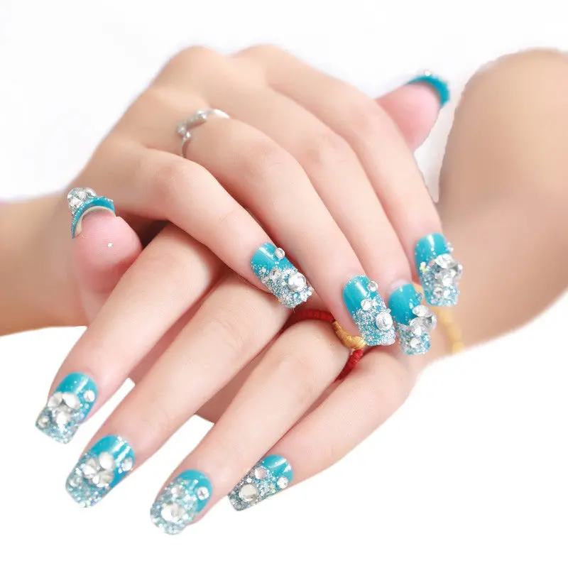 1 Box 24Pc Women Artificial Crystal Diamond Nail Art Stickers Bride Manicure Set Series Nail Patch Blue S 1