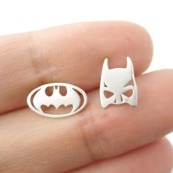 10 Pairs-S076 Batman Themed Bat Mask And Logo Shaped Stud Earrings In Silver Dc Comics Super Heroes Themed Jewelry 2