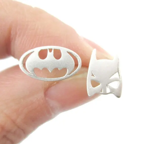 10 Pairs-S076 Batman Themed Bat Mask And Logo Shaped Stud Earrings In Silver Dc Comics Super Heroes Themed Jewelry 3