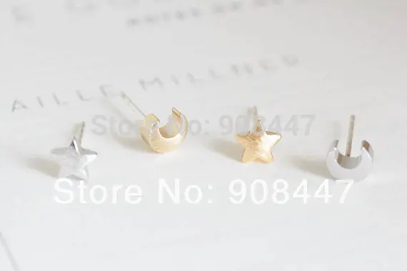 10 Pcs-S020 Cute Earrings Jewelry 18K Gold Teens Moon And Star Stud Earrings Silver 1