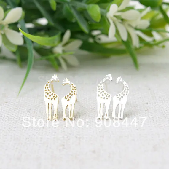 10 Pcs-S041 Earrings Jewelry Gold Silver Loving Giraffes Stud Earrings 1