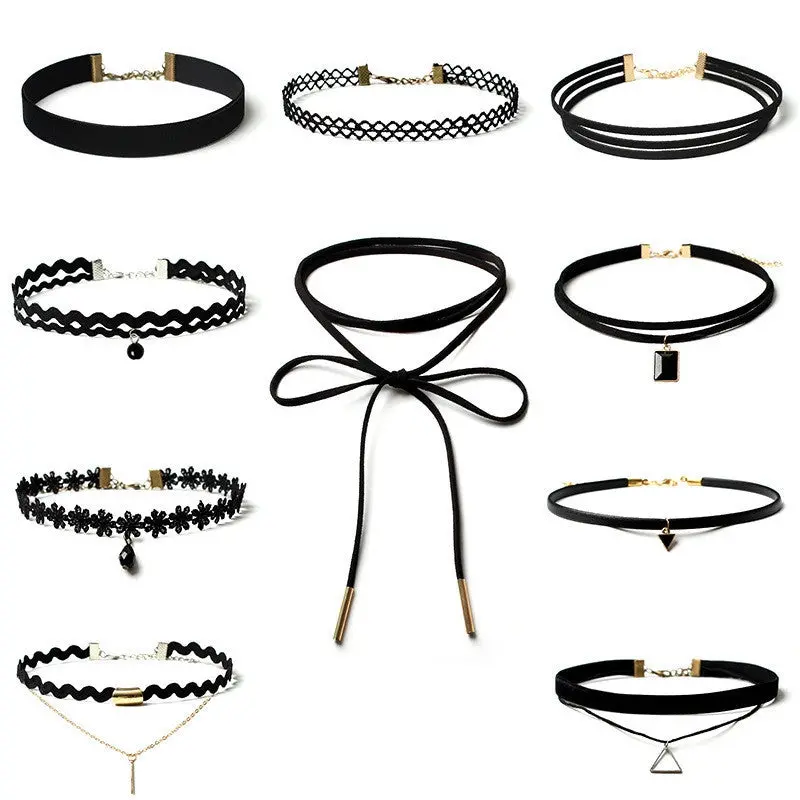 10 Pieces Choker Necklace Set Stretch Black Velvet Classic Gothic Tattoo Lace Chokers Women Jewelry Gift 1