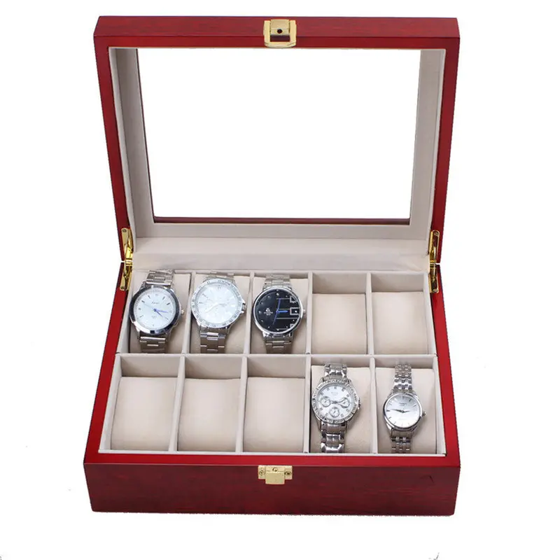 10 Slot Cherry Wood Watch Display Case Glass Top Jewelry Storage Box Gifts Fast Shipping Feida 1