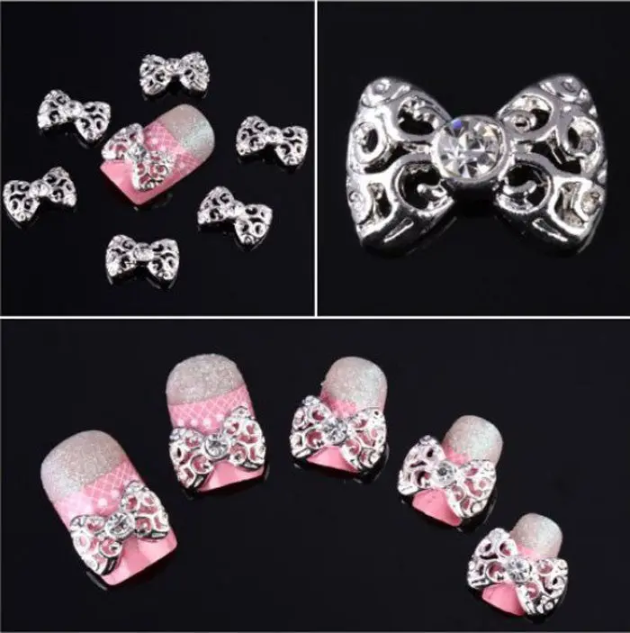 10 X Silver 3D Rhinestones Bow Tie Nail Art Glitter Slices Diy 1