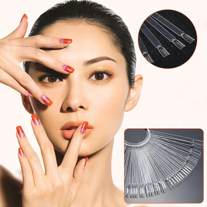 100 Pcs False Nail Art Tips S Sticks Board Fan Shape Display Tools Polish Gel Practice White/Clear Transparent Decoration 1