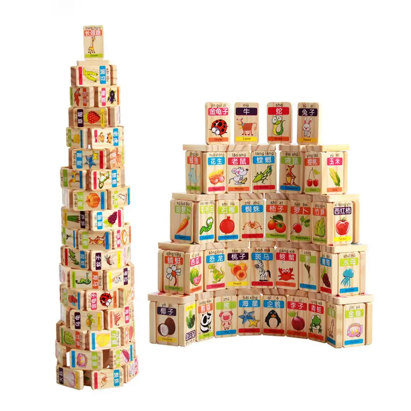 100Pcs Fruit Animal Domino Blocks Toy Safe Baby Wooden Toys Blocks Educational Toys For Kid Birthday Gift 1