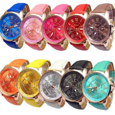 10Pc Geneva Watch Women's Dress Clock Roman Numerals Faux Leather Pu Leather Band Analog Watch Relogio Feminino 1