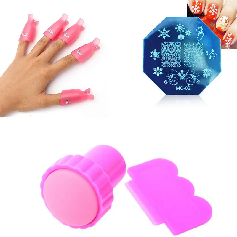 10Pc Plastic Nail Art Soak Off Cap Clip Uv Gel Polish Remover+Stamping Stamp Set+Stamp Stamping Plates Manicure Template 1