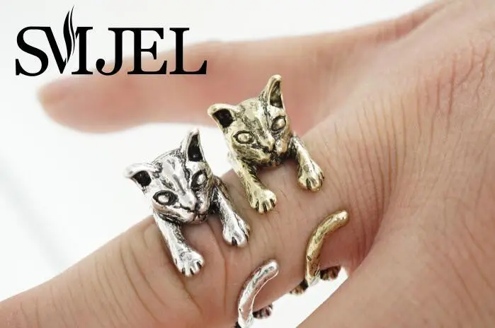 10Pcslot Trendy Alloy Cute Cat Ring Antique Bronze And Silver Plated Vintage Ring R317 1