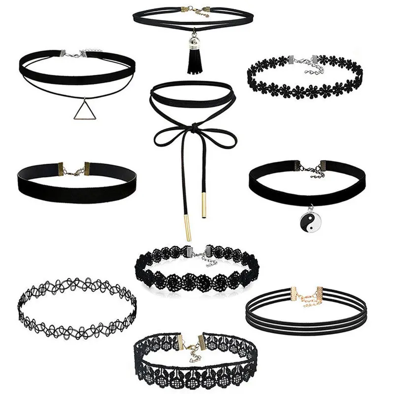10Pieces Choker Necklace Set Stretch Velvet Classic Gothic Tattoo Lace Choker Fast Shipping Feida 1