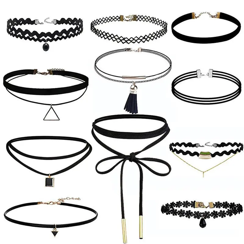 11 Pieces Women Choker Necklace Set Stretch Black Velvet Classic Gothic Tattoo Lace Chokers Jewelry 1