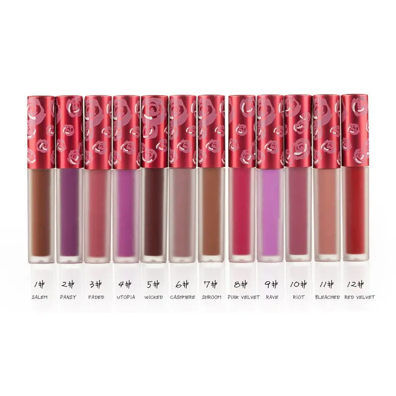 12 Color Red Velvet Matte Liquid Lipstick Cosmetic Water-Proof Long-Lasting Lip Gothic Lip Gloss Set 1