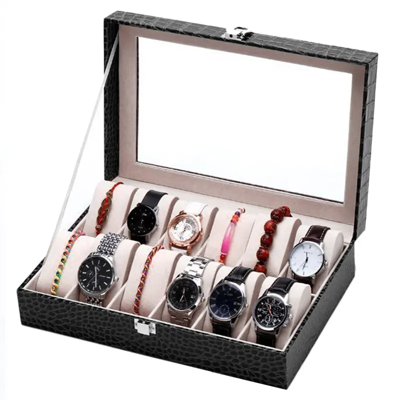 12 Grids Crocodile Glass Transparent Top Lid Pu Leather Watch Display Box Jewelry Storage Case Tray Displaying Watche Or Jewelry 1