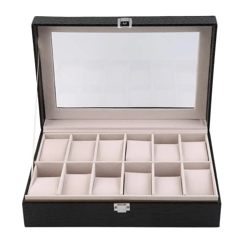 12 Grids Crocodile Glass Transparent Top Lid Pu Leather Watch Display Box Jewelry Storage Case Tray Displaying Watche Or Jewelry 2