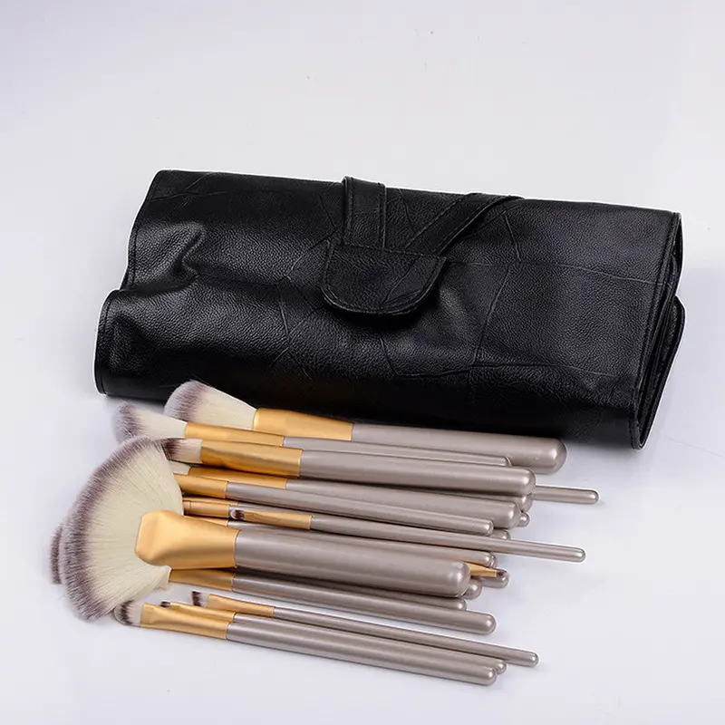 12 Pcs Pressional Makeup Brushes Champagne Foundation Powder Brush Beauty Tools + Black Leather Case 1