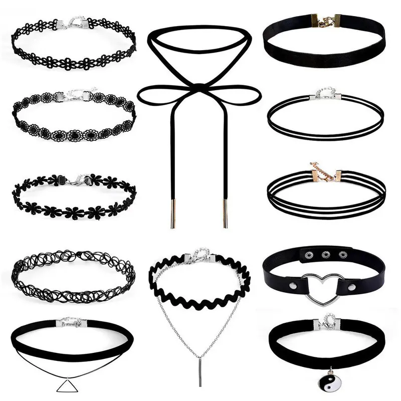 12 Pieces Women Chokers Necklace Set Stretch Velvet Classic Gothic Tattoo Black Lace Charm Jewelry Gift 1