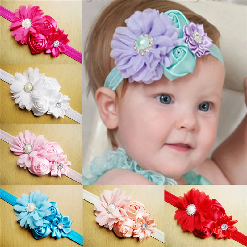 12Pcs Baby Pearl Headb Ribbon Pearl Diamond Baby Girls H Sewing Flowers Headbs Kids Hair Accessories 1