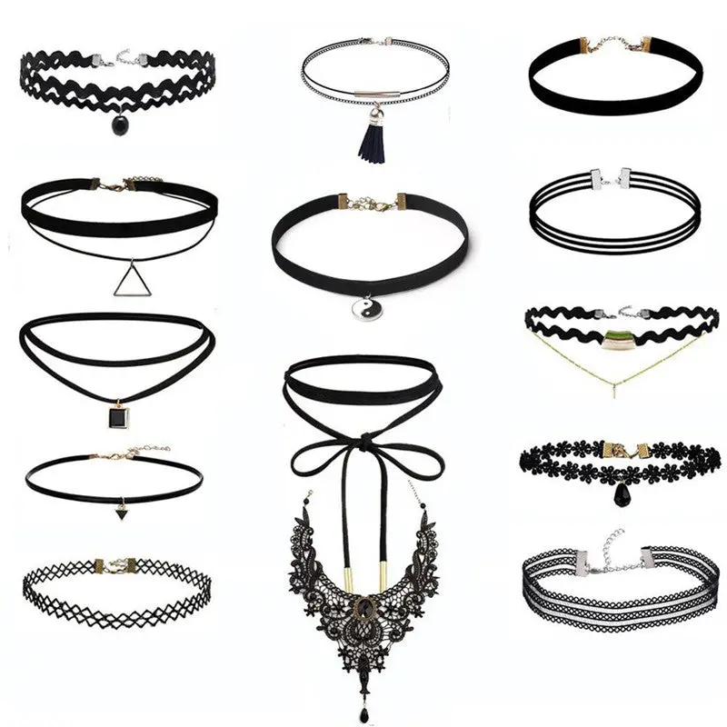 14 Pieces Chokers Necklace Set Women Stretch Black Velvet Classic Gothic Tattoo Lace Choker Charm Jewelry 1