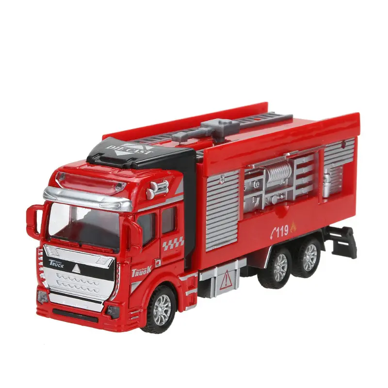 1:48 Scale Mini Fire Fighting Truck Pull Back Alloy Car Model Aerial Ladder Truck Car Toys For Children Kids Chirstmas Gift 1