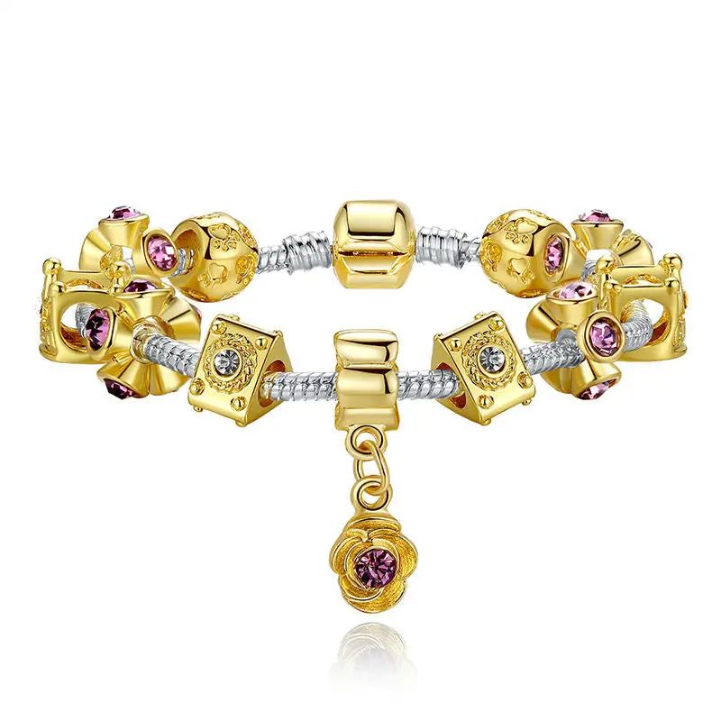 14K Gold Plated Crown Charm Bracelet For With Murano Glass Beads 1