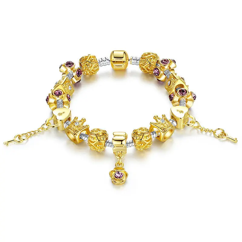 14K Gold Plated Crown Charm Bracelet For With Murano Glass Beads Birthday A1428 1