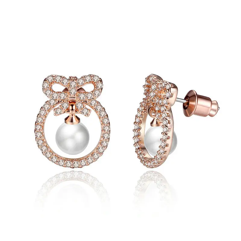 14Mm*17Mm Rose Gold Plated Bowknot Stud Earrings With Aaa Zircon Pearl For E106 1