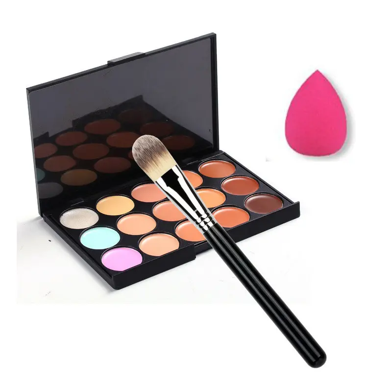 15 Color Concealer Palette + Makeup Brush + Sponge Puff Makeup Contour Palette Powder Eyebrow Lip Multi-Function Brush Cosmet 1