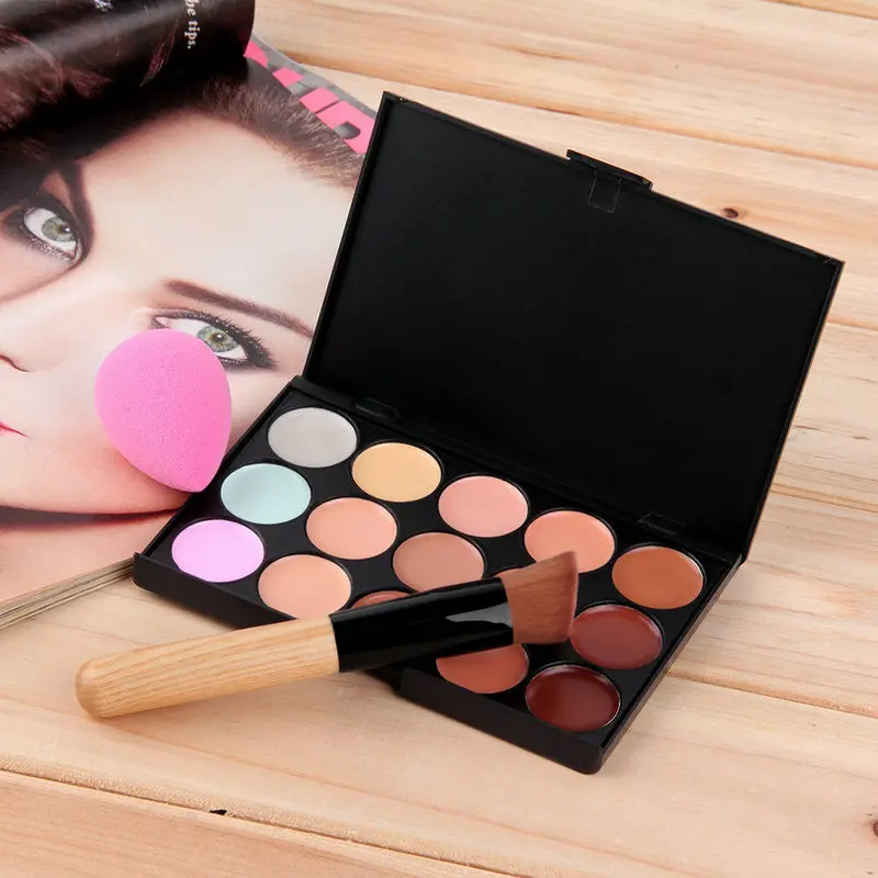 15 Color Contour Face Cream Makeup Concealer Palette With Sponge Puff And Wooden Powder Foundation Brush Yks 1