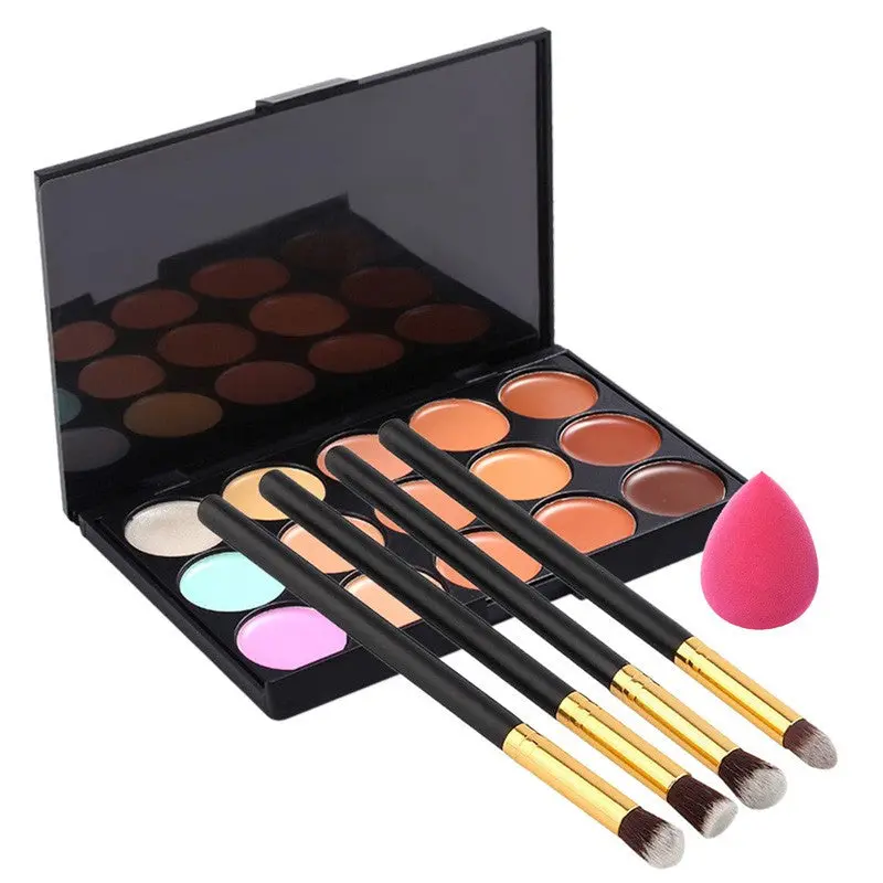 15 Color Contour Face Makeup Concealer Palette 1 Sponge Puff 4 Brushes 1