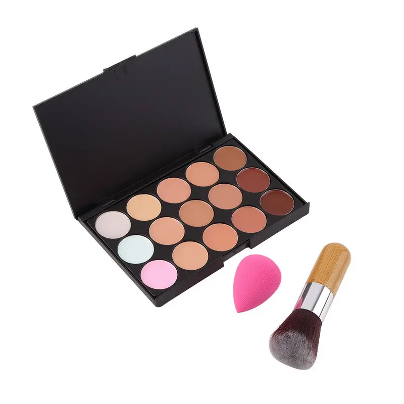 15 Colors Concealer Palette + Bamboo Handle Round Top Brush + Sponge Puff Makeup Contour Palette 1