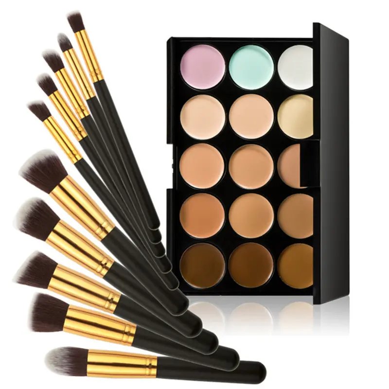 15 Colors Contour Cream Makeup Concealer Palette 10Pcs Black Golden Brush Black Women Makeup Kit 1