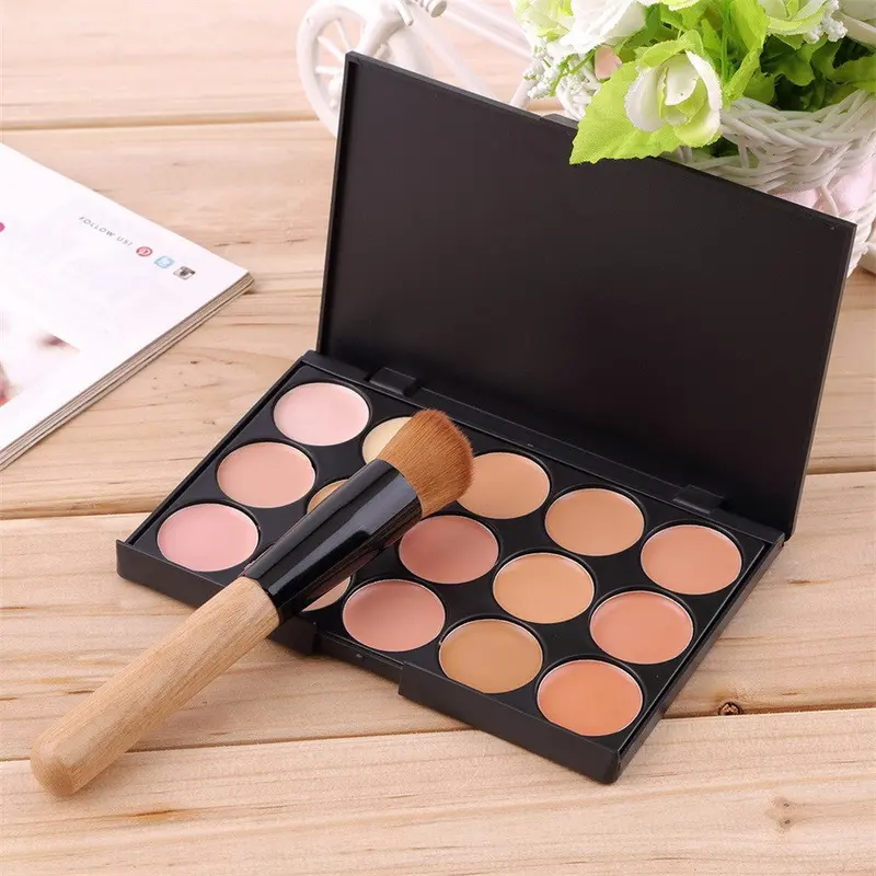 15-Colors Face Makeup Concealer Palette + Wood Handle Flat Angled Brush Make Up Set Kit 1