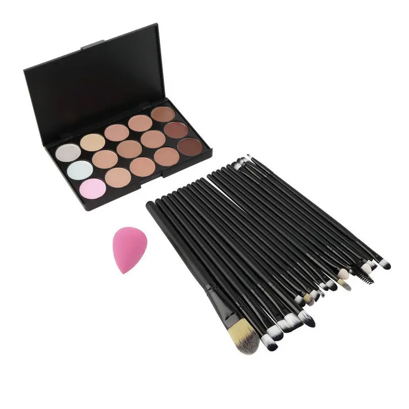 15 Colors Makeup Concealer Palette 20Pcs Eye Brushes Tools Sponge Puff 1