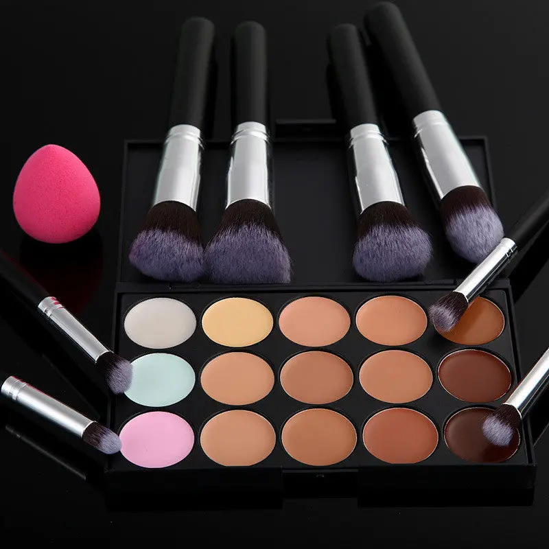 15 Colors Makeup Concealer Palette + 8Pc Makeup Brushes Powder Brush Sponge Foundation 1