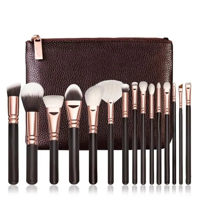 15 Pcs Professional Rose Gold Makeup Brushes Cosmetic Complete Eye Kit + Case Powder Foundation Ovale Wood Makeup Brush Kit 1
