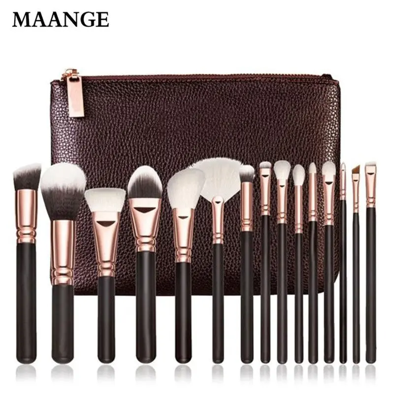15 Pcs Professional Rose Gold Makeup Brushes Cosmetic Complete Eye Kit + Case Powder Foundation Ovale Wood Makeup Brush Kit 2