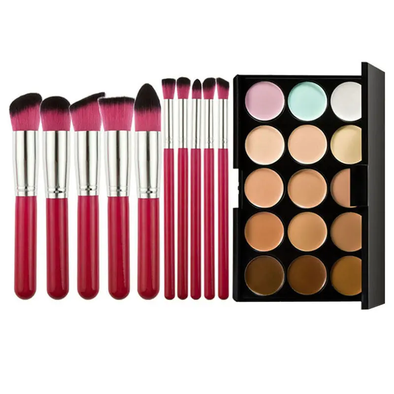 15Colors Face Concealer Cream Palette10 Red Rod Silver Tube Brushes Makeup 1