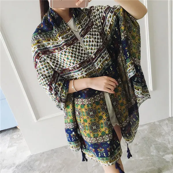 180*100Cm Women Scarf Totem Triabl National Style Scarf Tassel Painted Soft Cotton Long Wraps Shawls Scarves 1