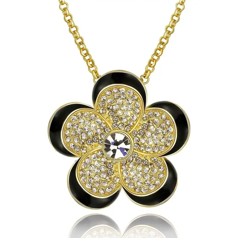18K Gold Plated Collar Necklace Black Side Yellow Flower Collier 1