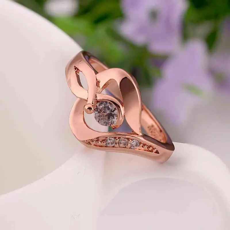 18K Gold Plated Engagement Ring Heart With Rose Color Anel Feminino Bijoux226 4