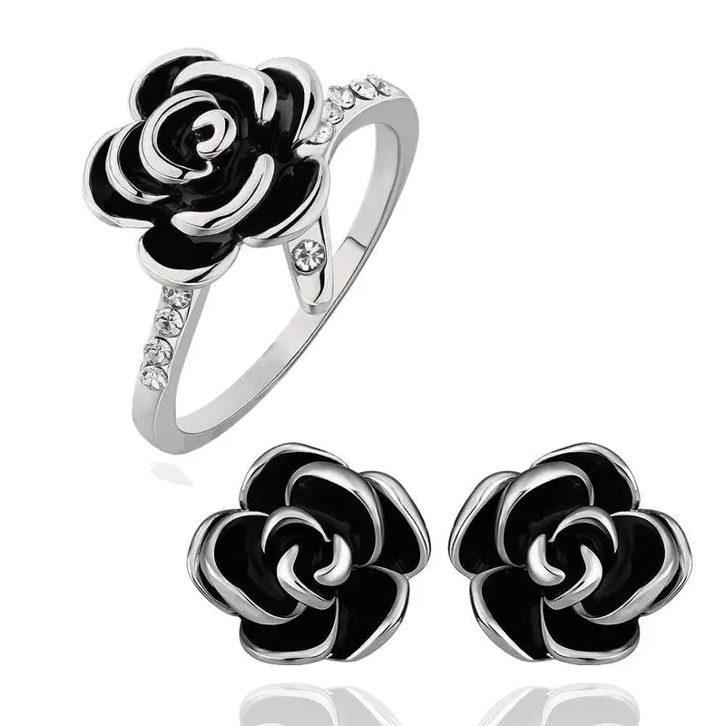 18K Gold Plating Jewelry Set Black Rose Earrings+Ring Smtps397 1