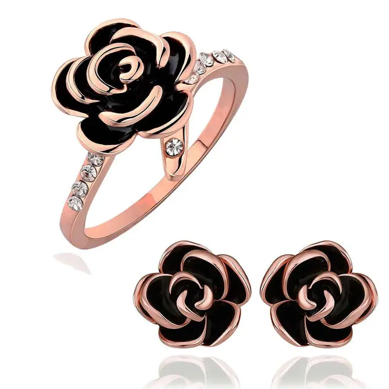 18K Gold Plating Jewelry Set Black Rose Earrings+Ring Smtps397 2