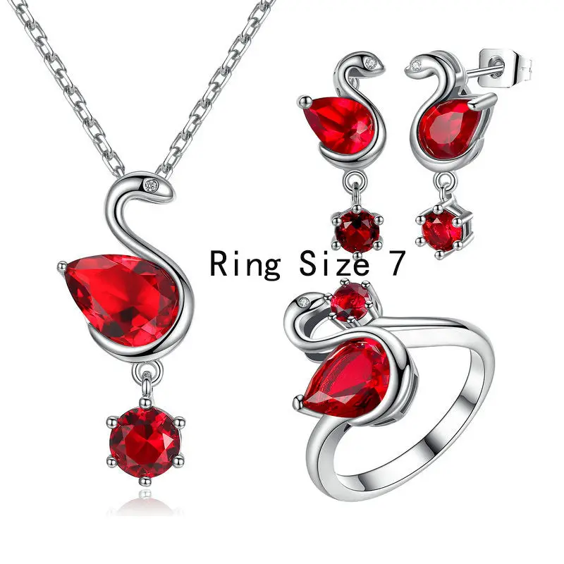 18K Red Ruby Stone Swan Sets With Necklace Earrings And Finger Ring For 1