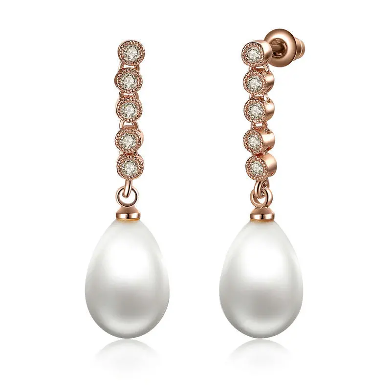 18K Rose Gold Plated Long Earrings With Pearls Zirconia For Crystals Dangle Earrings Gie061-Rg 1