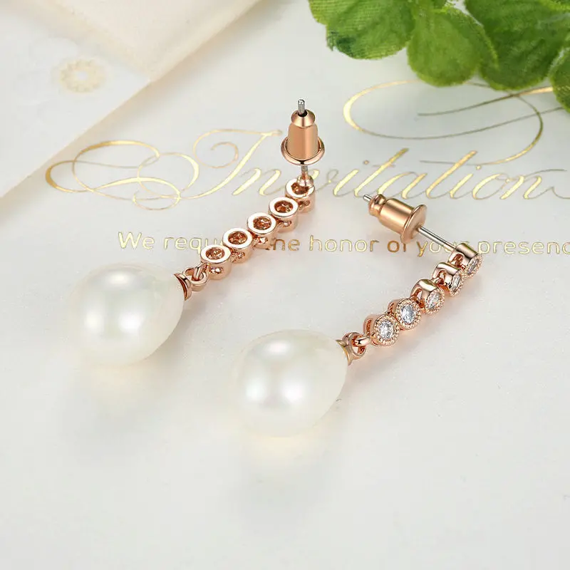 18K Rose Gold Plated Long Earrings With Pearls Zirconia For Crystals Dangle Earrings Gie061-Rg 2