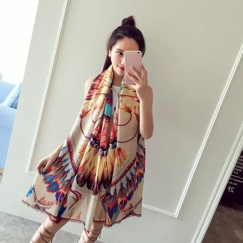 190*95Cm Women Scarf Totem Triabl Feather Printed Soft Long Wraps Shawl Scarves Cotton Scarf 1