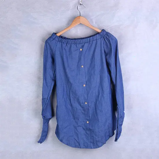 2 Color Ladies Classic Off Shoulder Button Denim Pullover Tops Shirt Dress 1