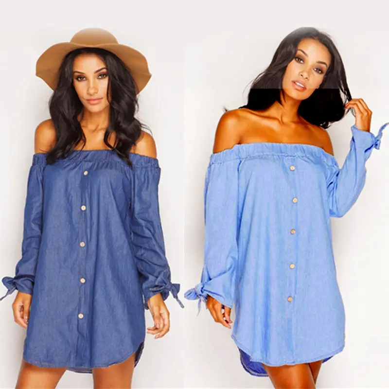 2 Color Ladies Classic Off Shoulder Button Denim Pullover Tops Shirt Dress 3