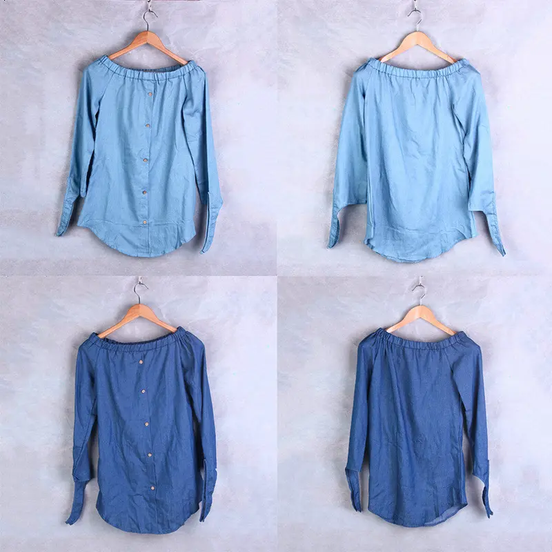 2 Color Ladies Classic Off Shoulder Button Denim Pullover Tops Shirt Dress 4