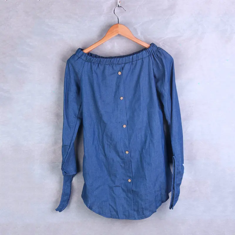 2 Color Ladies Classic Off Shoulder Button Denim Pullover Tops Shirt Dress 5
